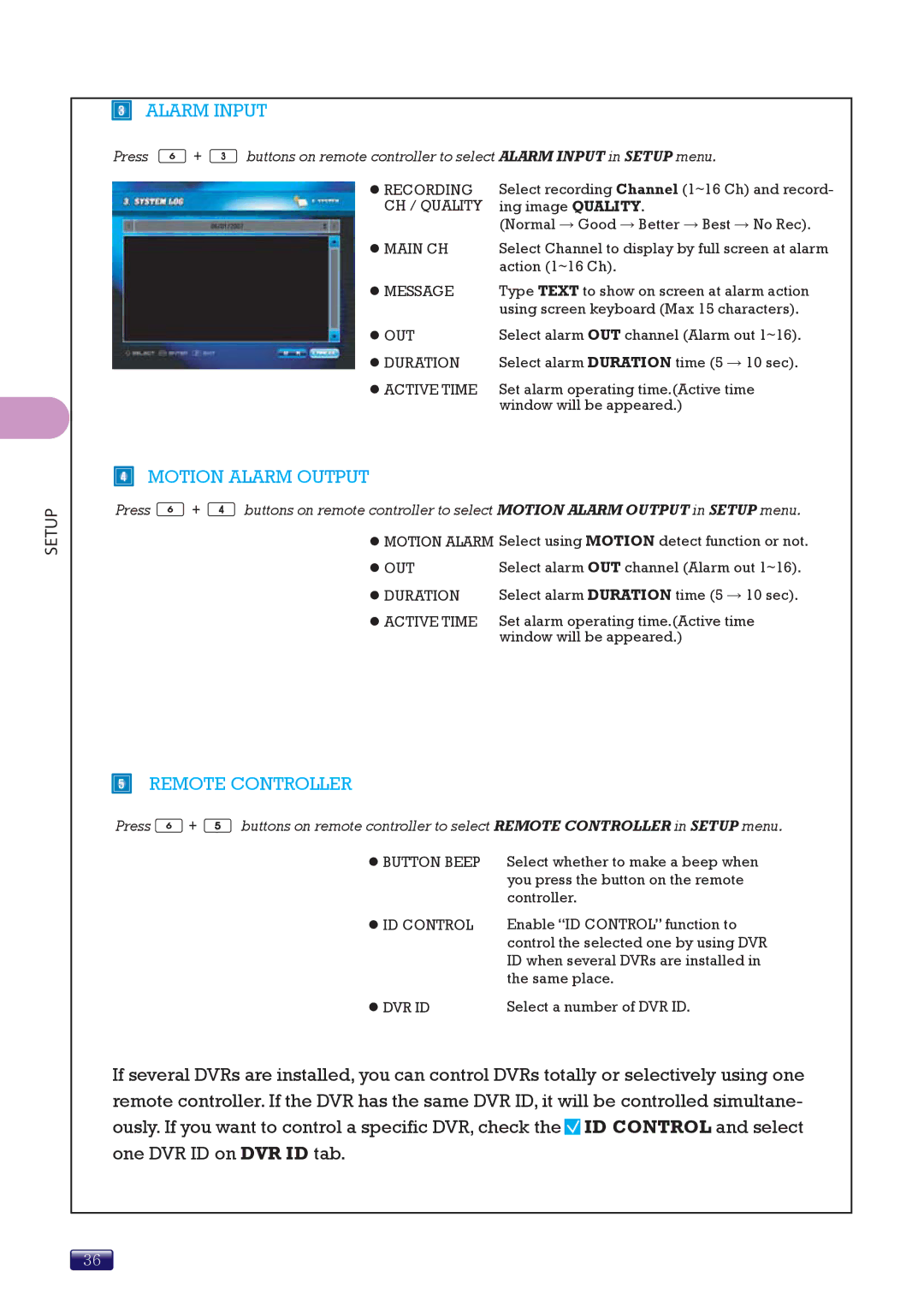 Swann SW244-8ML manual Alarm Input, Motion Alarm Output, Remote Controller, CH / Quality 