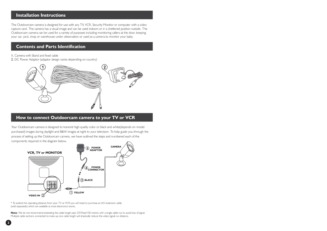 Swann SW244-AUO manual InstallationInstructions, ContentsandPartsIdentification, HowtoconnectOutdoorcamcameratoyourTVorVCR 