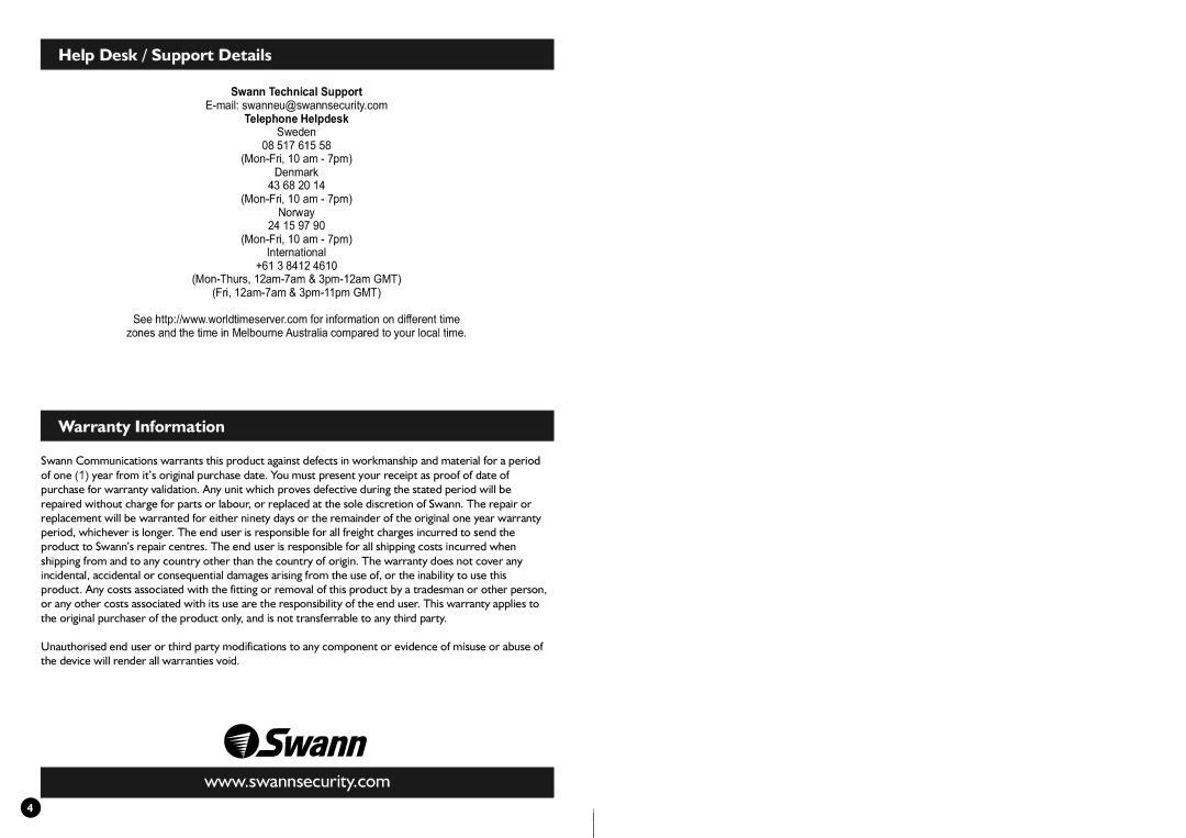 Swann SW244-AUO manual HelpDesk/SupportDetails, WarrantyInformation 