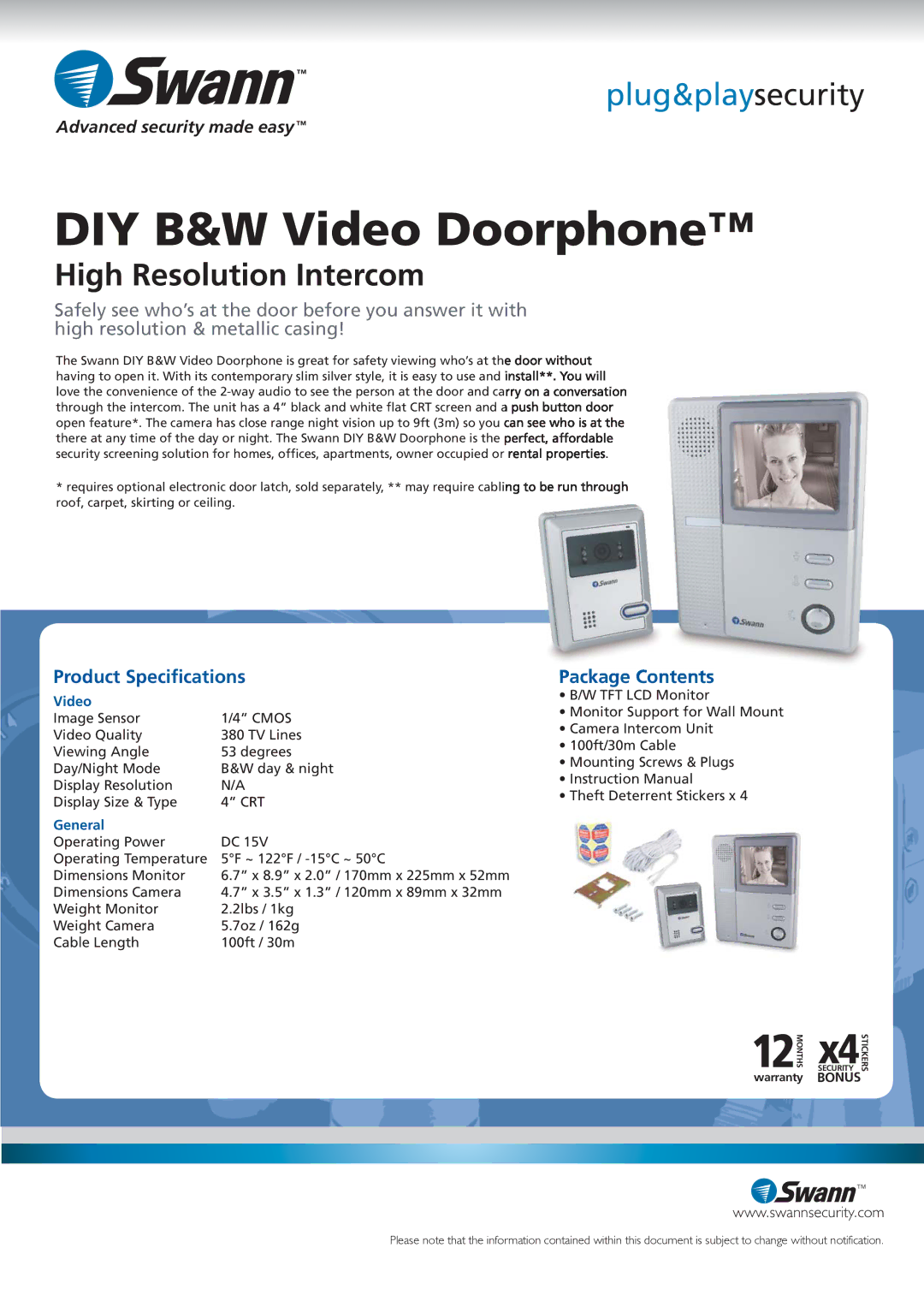 Swann SW244-BVD manual Product Speciﬁcations, Package Contents 