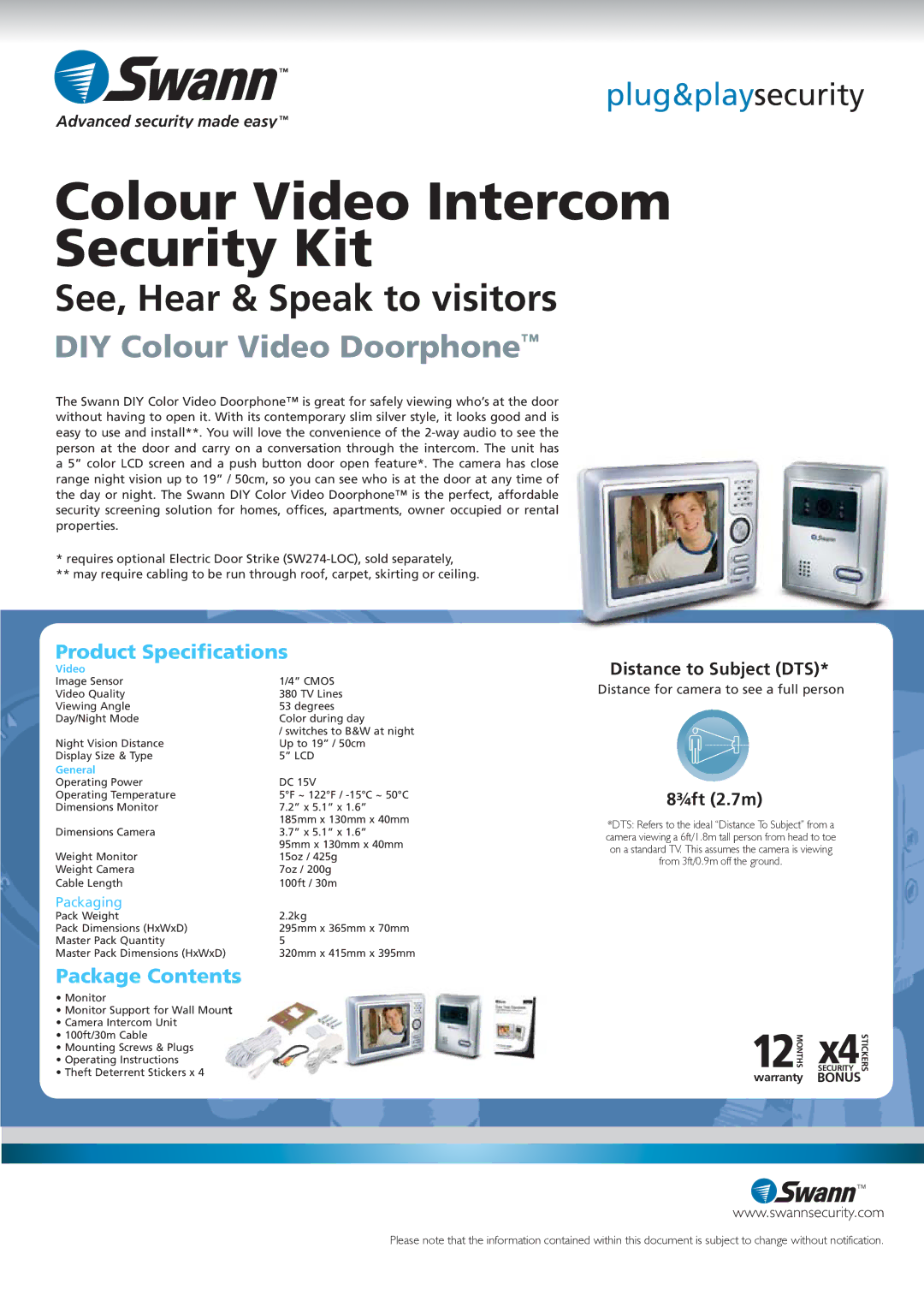 Swann SW244-CVD manual DIY Colour Video Doorphone, Product Speciﬁcations, Package Contents 