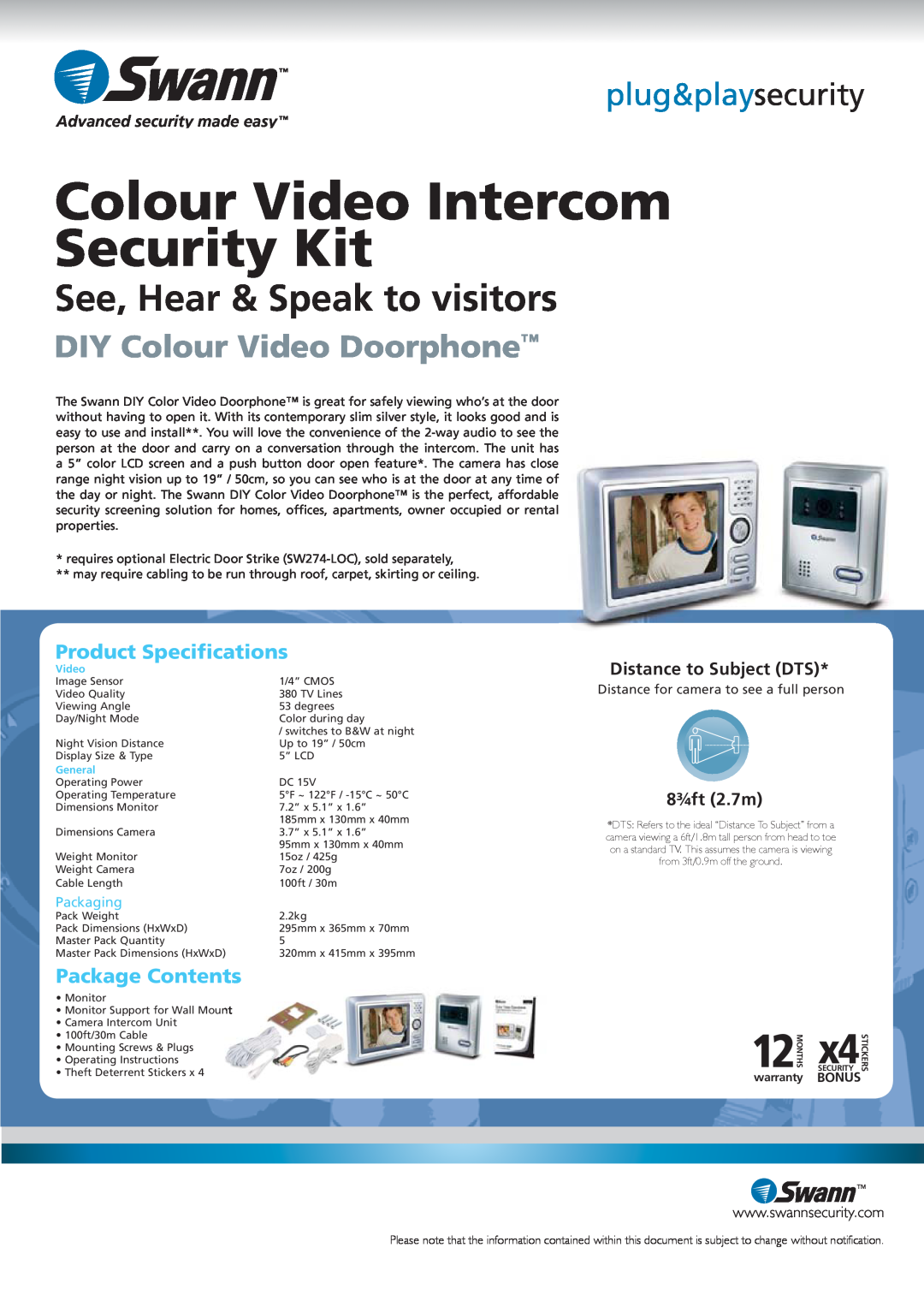 Swann SW244-CVD DIY Colour Video Doorphone, Colour Video Intercom Security Kit, See, Hear & Speak to visitors, 8¾ft 2.7m 
