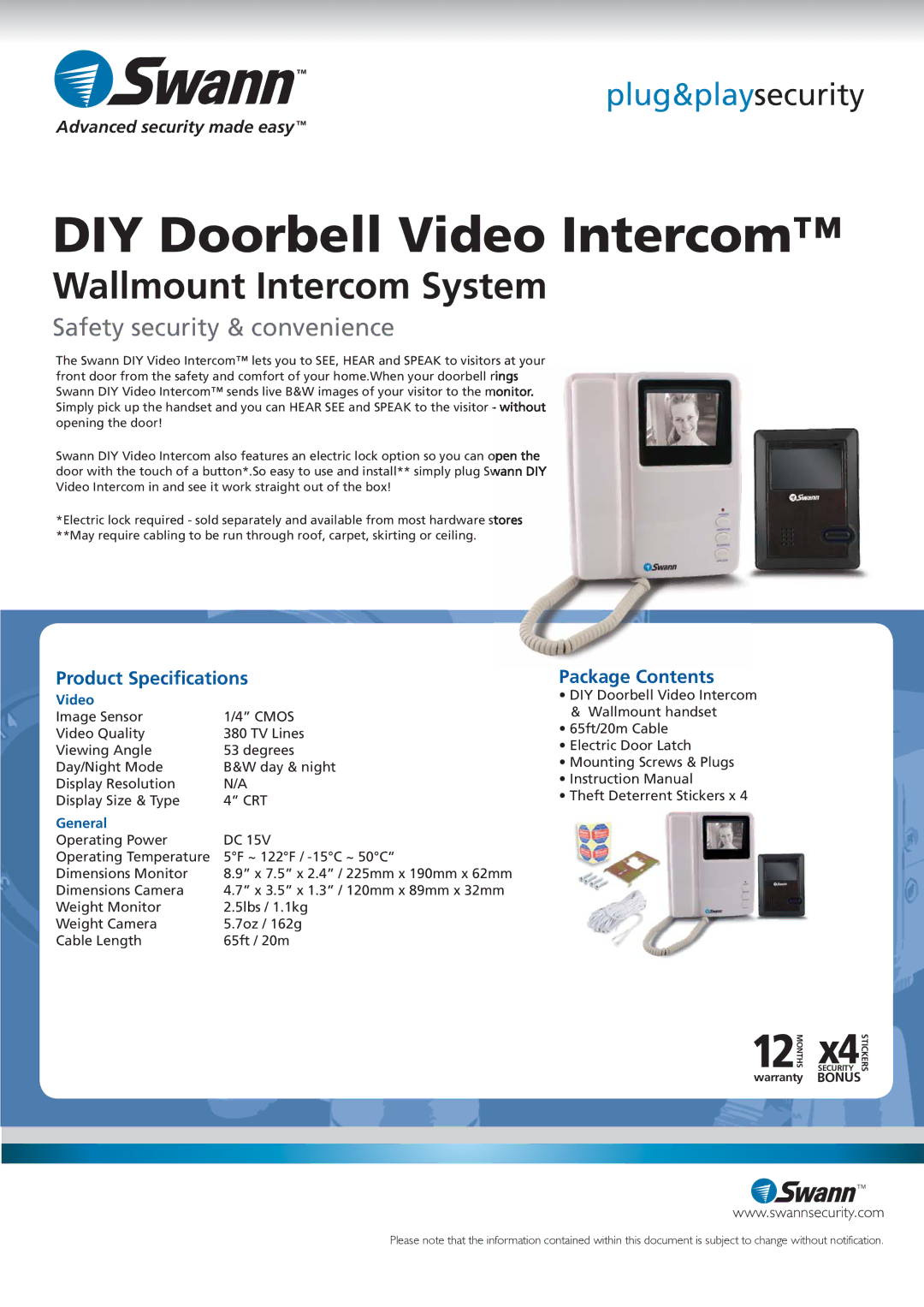 Swann SW244-DWM manual Product Speciﬁcations, Package Contents 