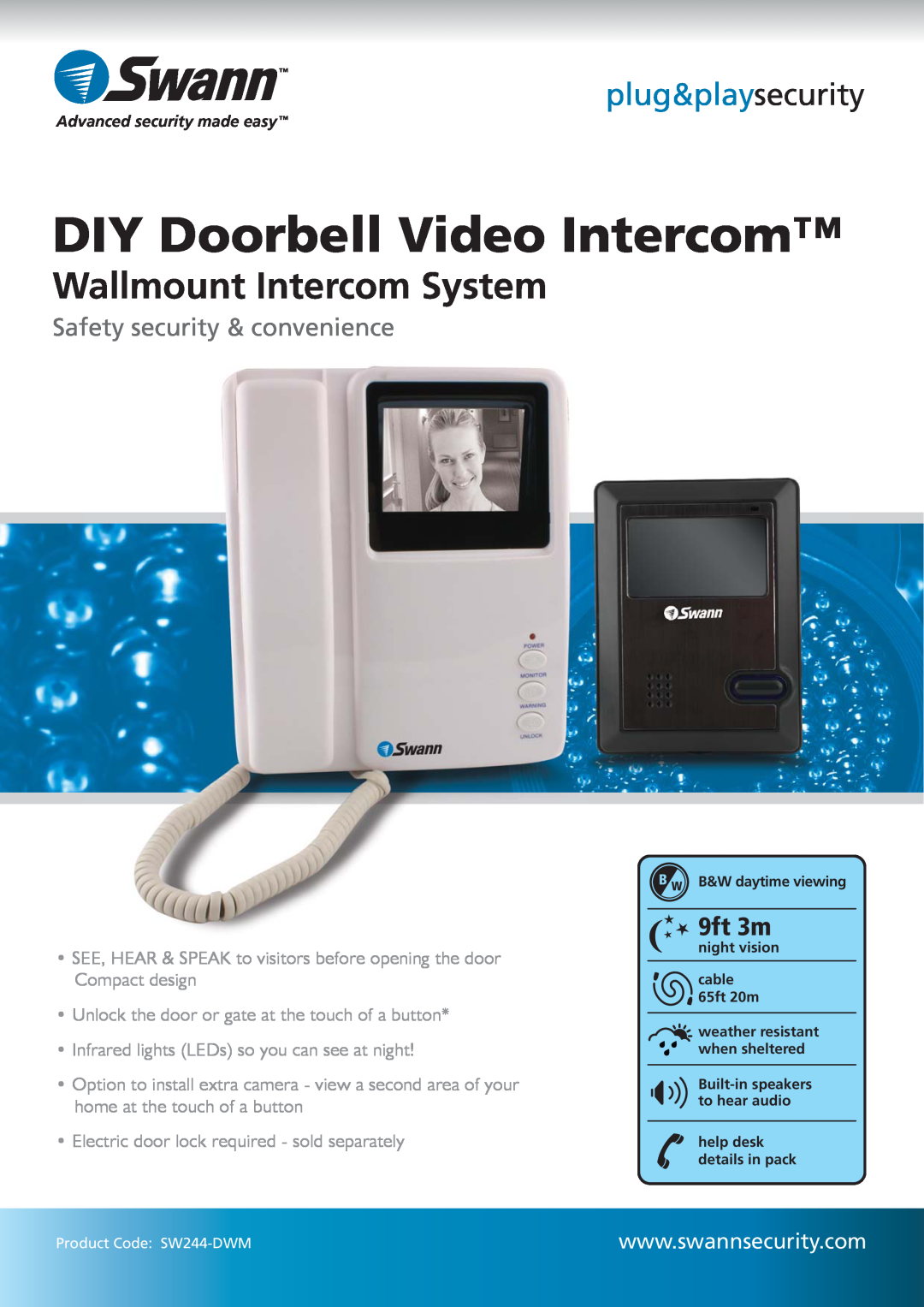 Swann SW244-DWM manual DIY Doorbell Video Intercom, Wallmount Intercom System, plug&playsecurity, 9ft 3m 