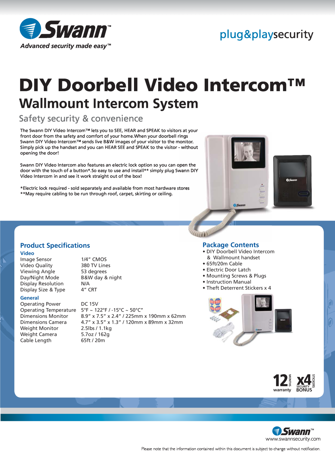 Swann SW244-DWM DIY Doorbell Video Intercom, Wallmount Intercom System, plug&playsecurity, Safety security & convenience 