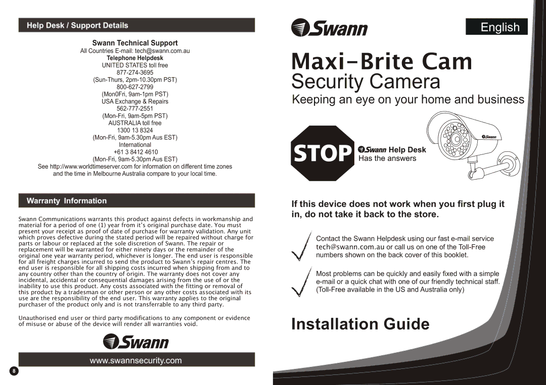 Swann SW244-4MM, SW244-LPD, SW212-MXD warranty Help Desk / Support Details, Warranty Information, Telephone Helpdesk 