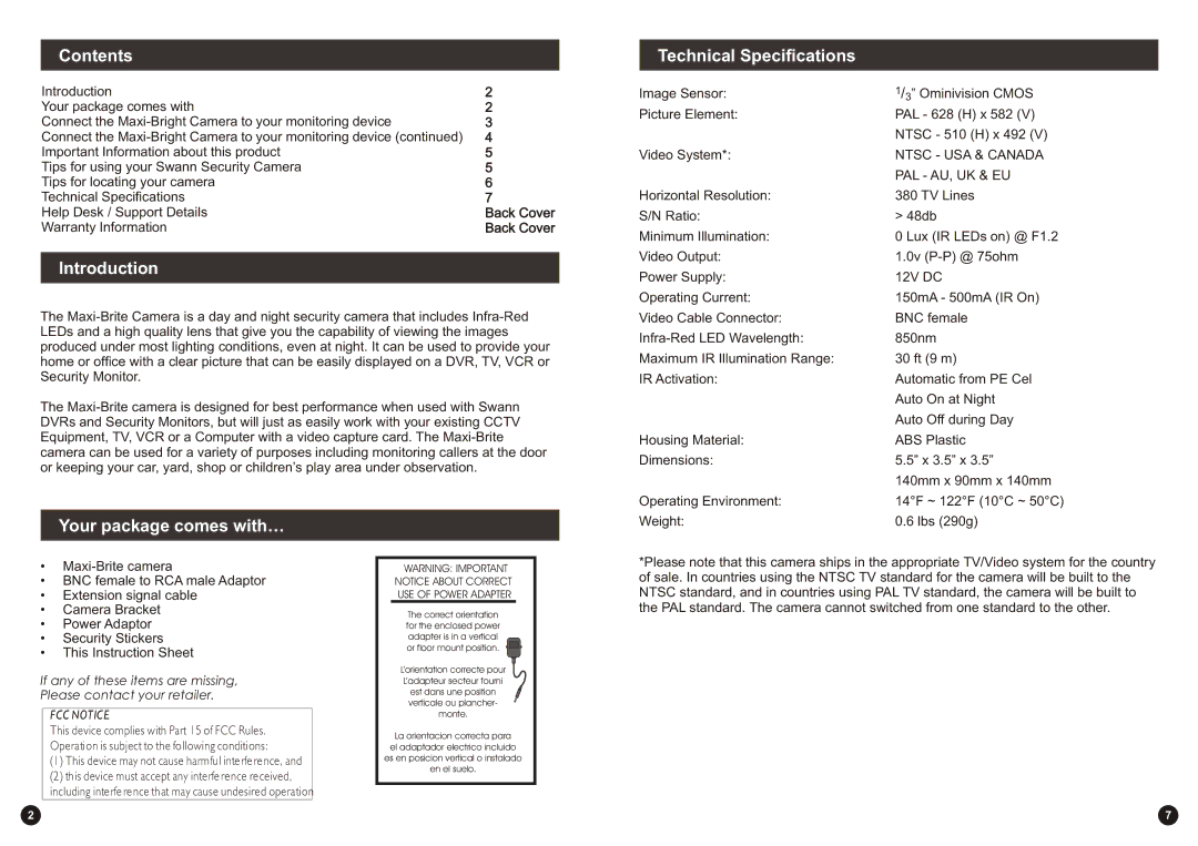 Swann SW212-MXD, SW244-LPD, SW244-4MM, F-SW244-LPC Contents, Introduction, Your package comes with… Technical Specifications 
