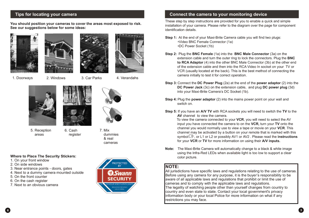 Swann F-SW244-LPC, SW244-LPD, SW244-4MM warranty Tips for locating your camera, Connect the camera to your monitoring device 