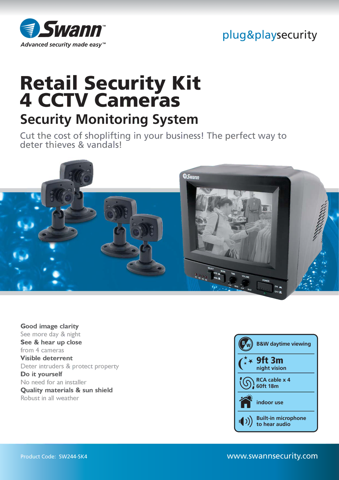 Swann SW244-SK4 manual Retail Security Kit Cctv Cameras 