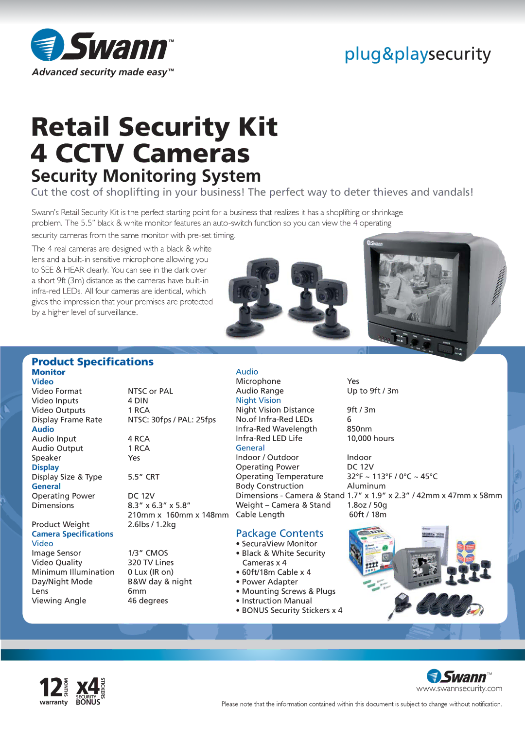 Swann SW244-SK4 manual Retail Security Kit Cctv Cameras 