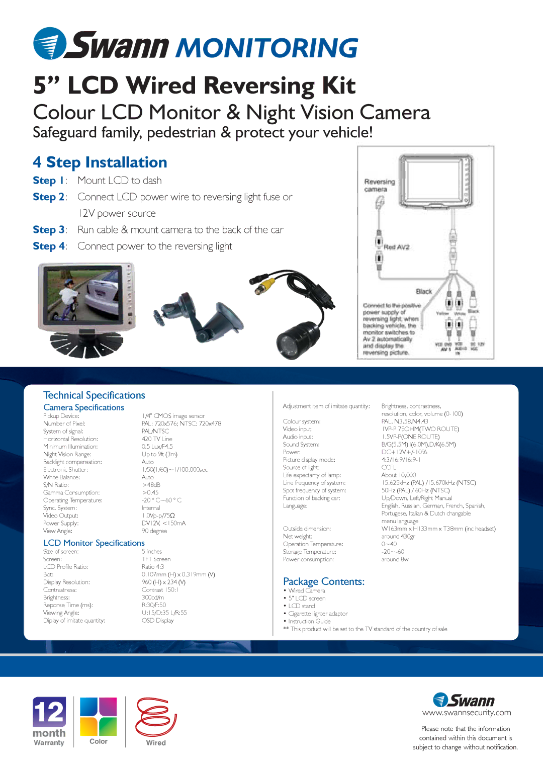 Swann SW244-VR5 warranty Colour LCD Monitor & Night Vision Camera, Technical Specifications, Package Contents 