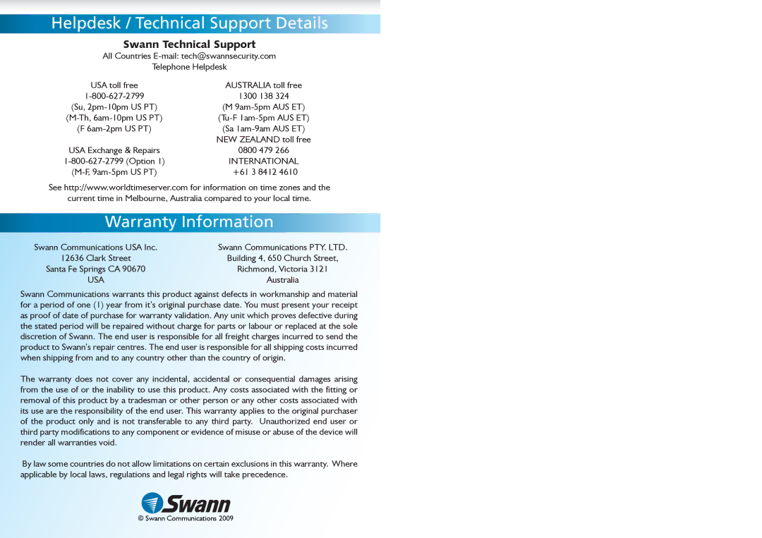 Swann SW244-WDW, SW244-WDS, SW242-WRA, SW242-WDV warranty Helpdesk / Technical Support Details, Warranty Information 