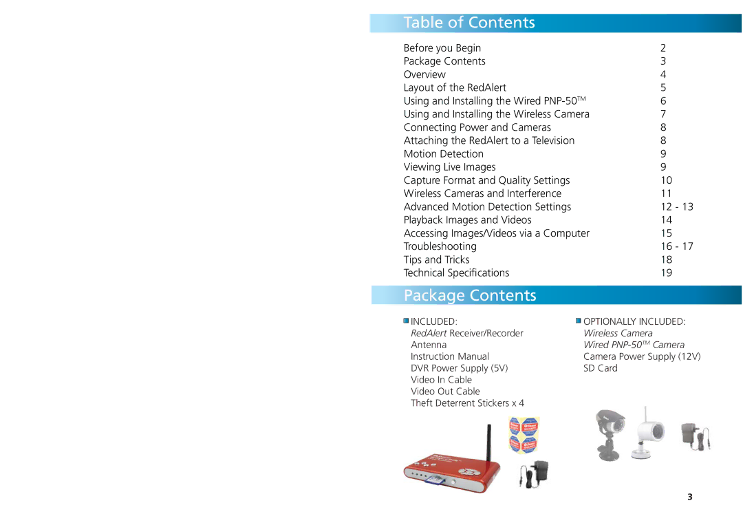 Swann SW242-WDV, SW244-WDW, SW244-WDS, SW242-WRA warranty Table of Contents, Package Contents 