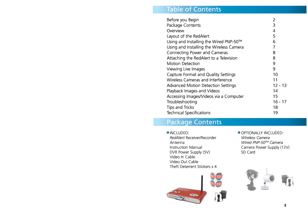Swann SW242-WDV, SW244-WDW, SW244-WDS, SW242-WRA warranty Table of Contents, Package Contents 