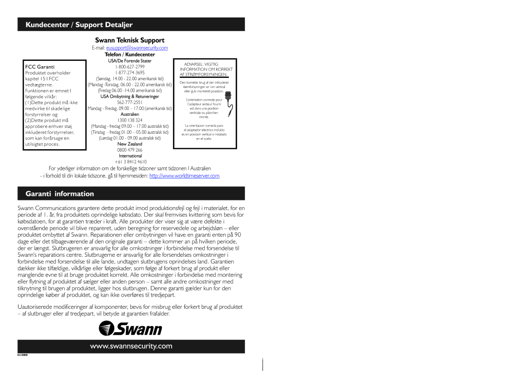 Swann SW245-SMD manual Kundecenter / Support Detaljer, Garanti information, Telefon / Kundecenter 