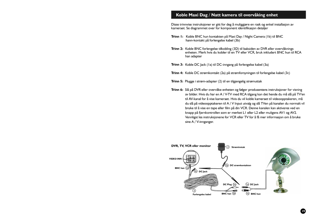 Swann SW245-SMD manual Koble Maxi Dag / Natt kamera til overvåking enhet, Video INN 