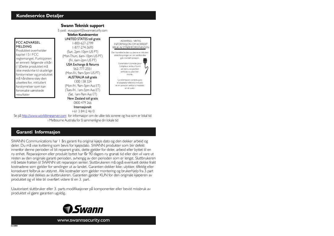 Swann SW245-SMD manual Kundeservice Detaljer, Garanti Informasjon, Telefon Kundeservice 