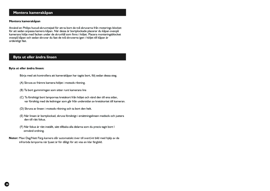 Swann SW245-SMD manual Montera kamerakåpan, Byta ut eller ändra linsen 