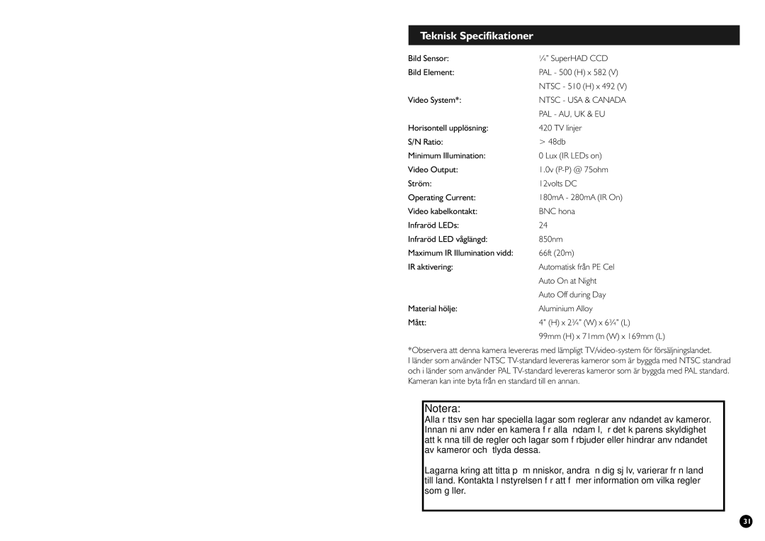 Swann SW245-SMD manual Teknisk Specifikationer 