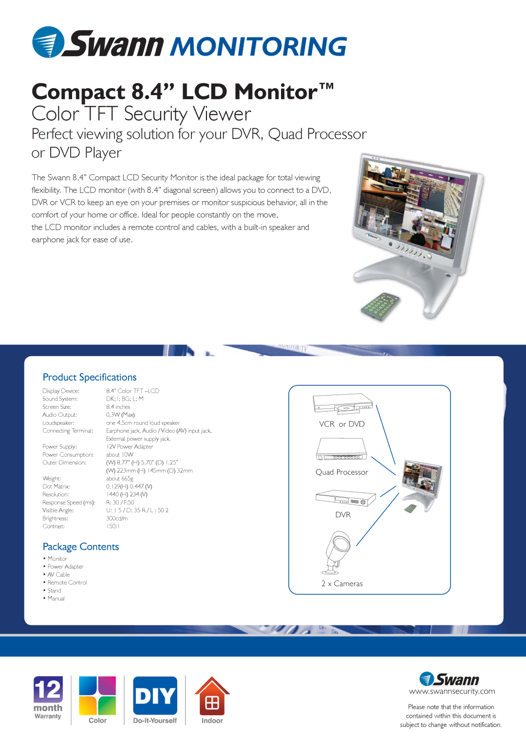 Swann SW248-8LM warranty Compact 8.4 LCD Monitor, Color TFT Security Viewer, Product Specifications, Package Contents 