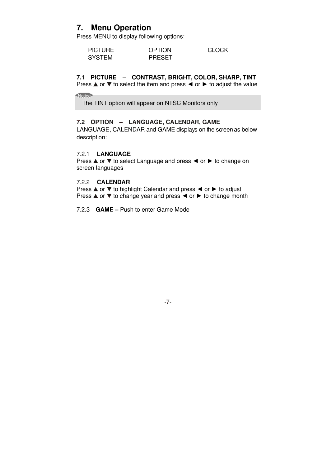 Swann SW248-LM8 instruction manual Menu Operation, Calendar 