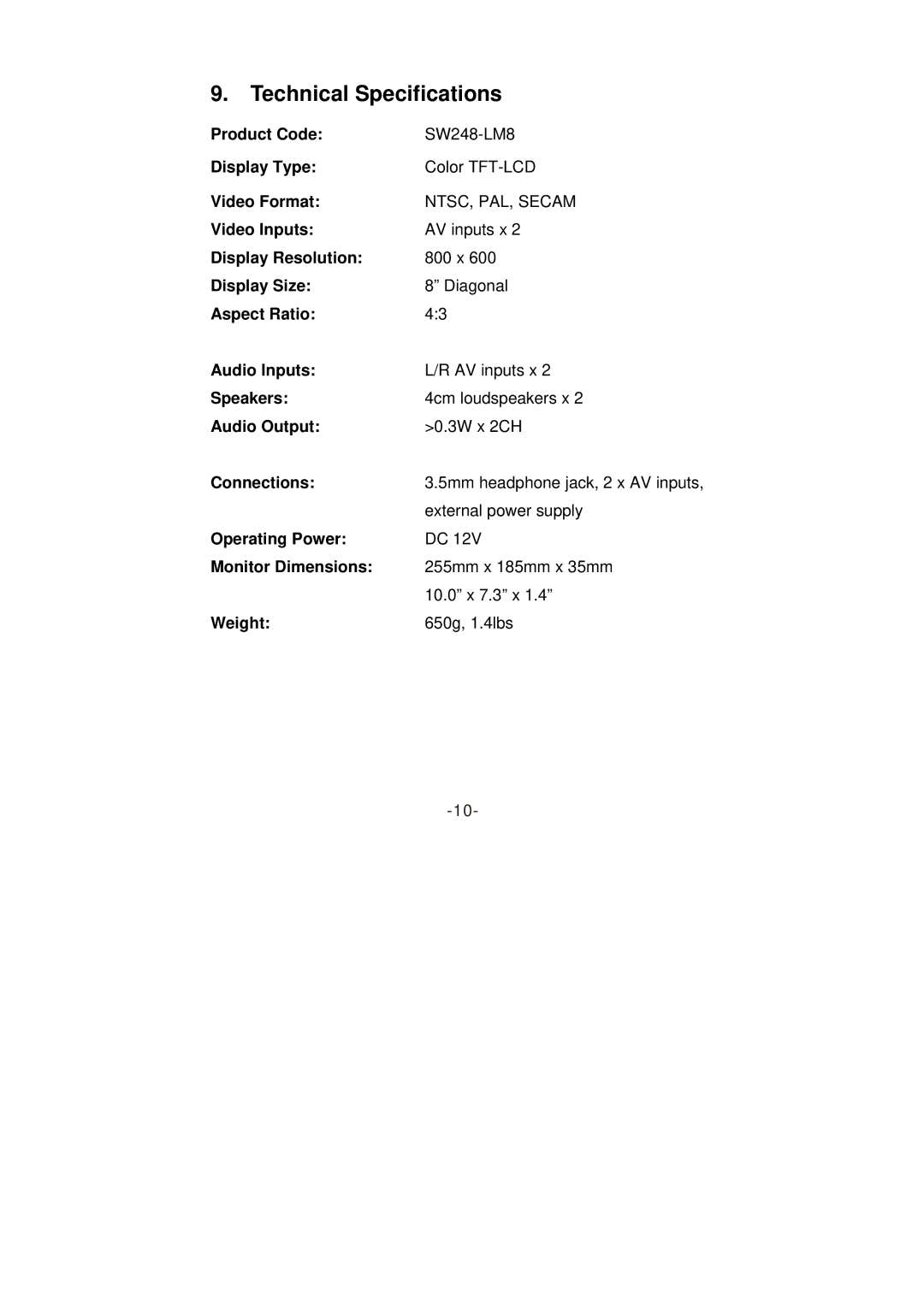 Swann SW248-LM8 instruction manual Technical Specifications 