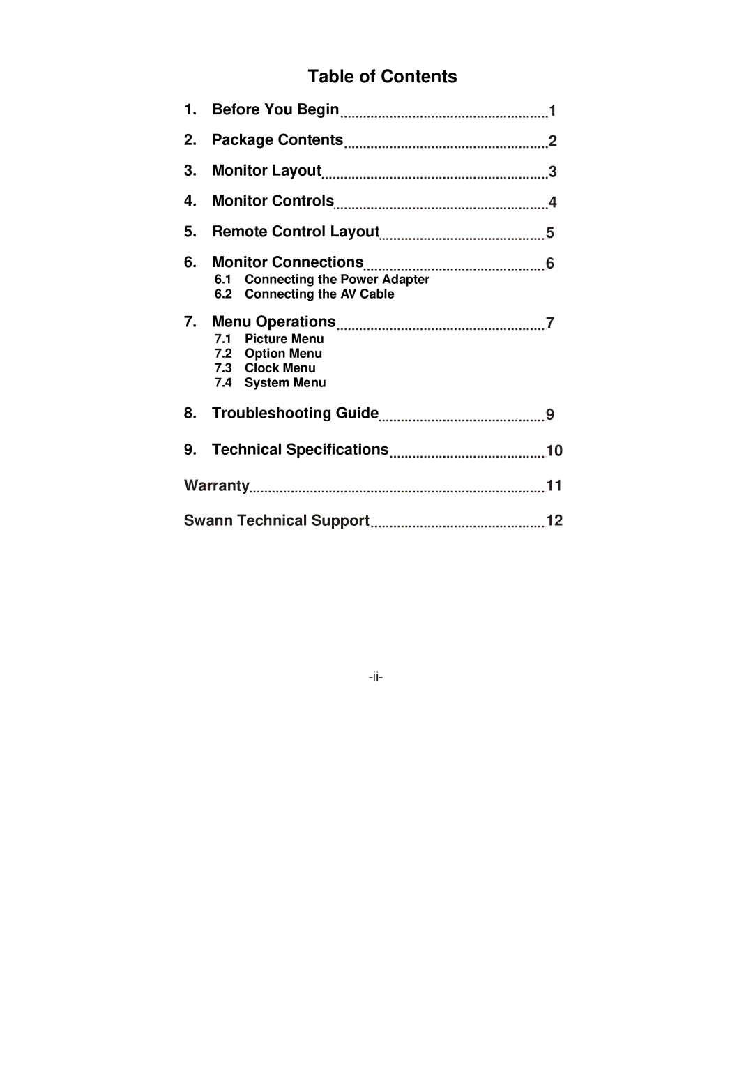 Swann SW248-LM8 instruction manual Table of Contents 