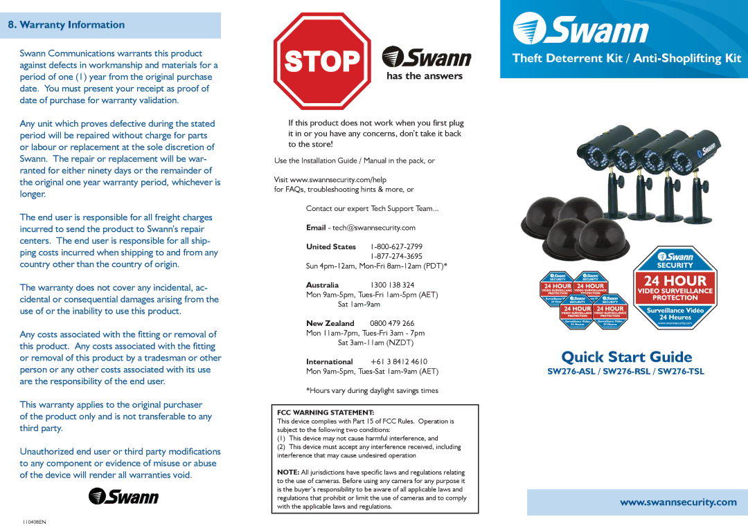 Swann SW276-RSL, SW276-ASL, SW276-TSL quick start Warranty Information 