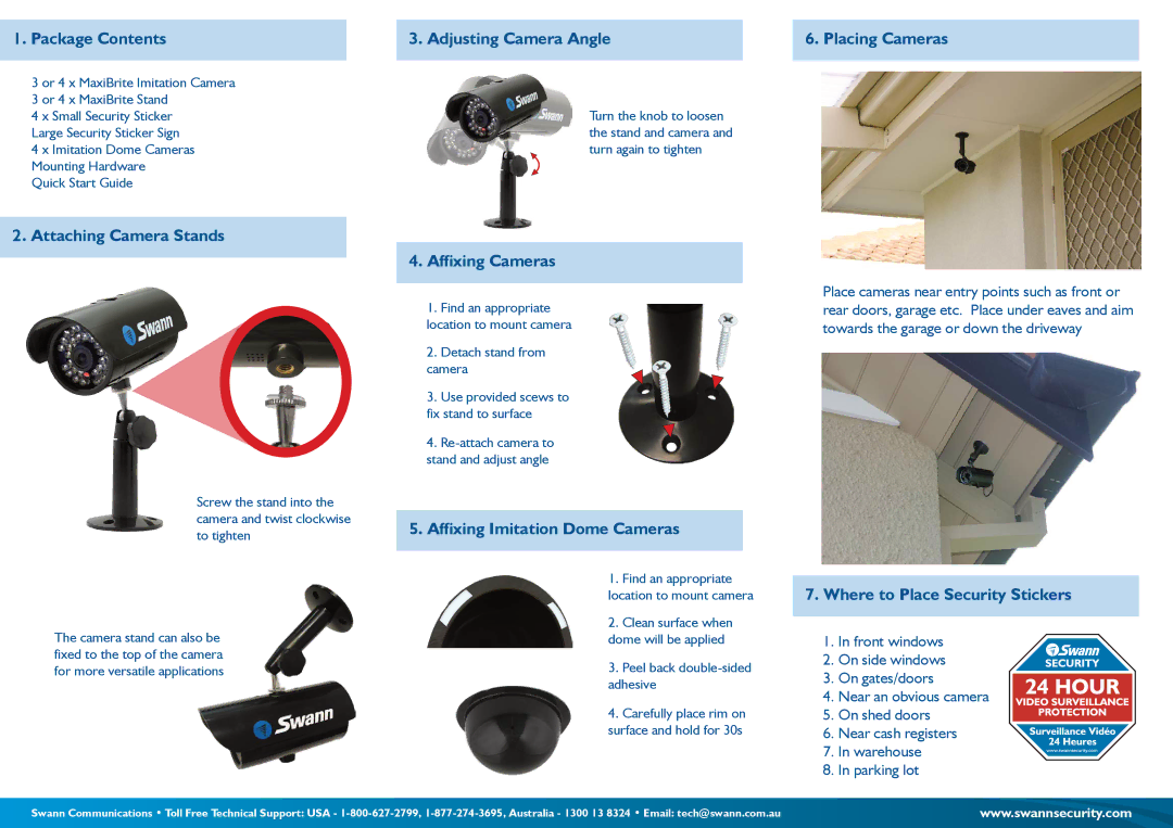 Swann SW276-TSL Package Contents, Adjusting Camera Angle Placing Cameras, Attaching Camera Stands, Affixing Cameras 