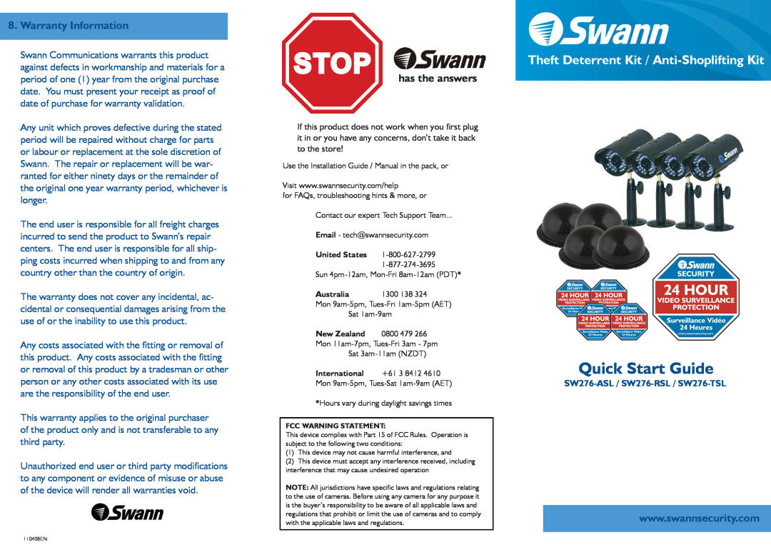 Swann SW276-RSL quick start Warranty Information, Stop, Quick Start Guide, Theft Deterrent Kit / Anti-ShopliftingKit 