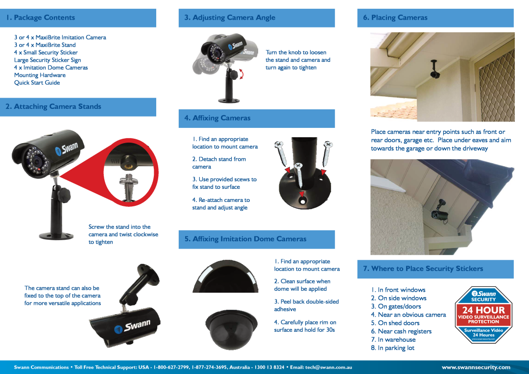 Swann SW276-TSL Package Contents, Adjusting Camera Angle, Placing Cameras, Attaching Camera Stands, Affixing Cameras 
