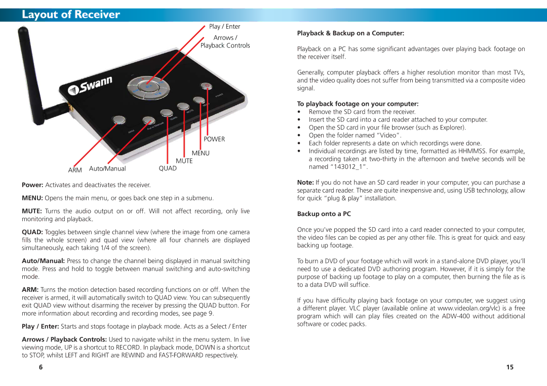 Swann SW344DWD Layout of Receiver, Playback & Backup on a Computer, To playback footage on your computer, Backup onto a PC 