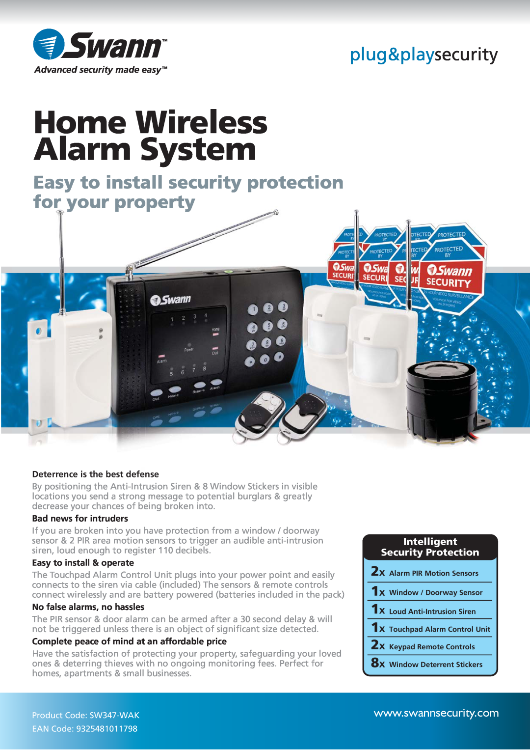 Swann SW347-WAK manual Home Wireless Alarm System, plug&playsecurity, Advanced security made easy, Bad news for intruders 