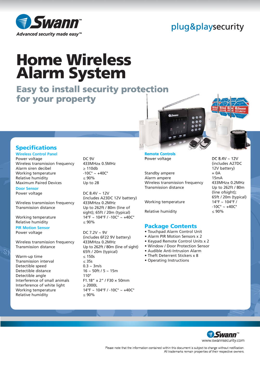 Swann SW347-WAK Home Wireless Alarm System, plug&playsecurity, Speciﬁcations, Package Contents, Wireless Control Panel 