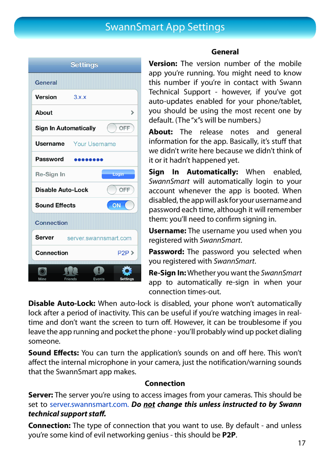 Swann SWADS450IPC manual SwannSmart App Settings, Connection 