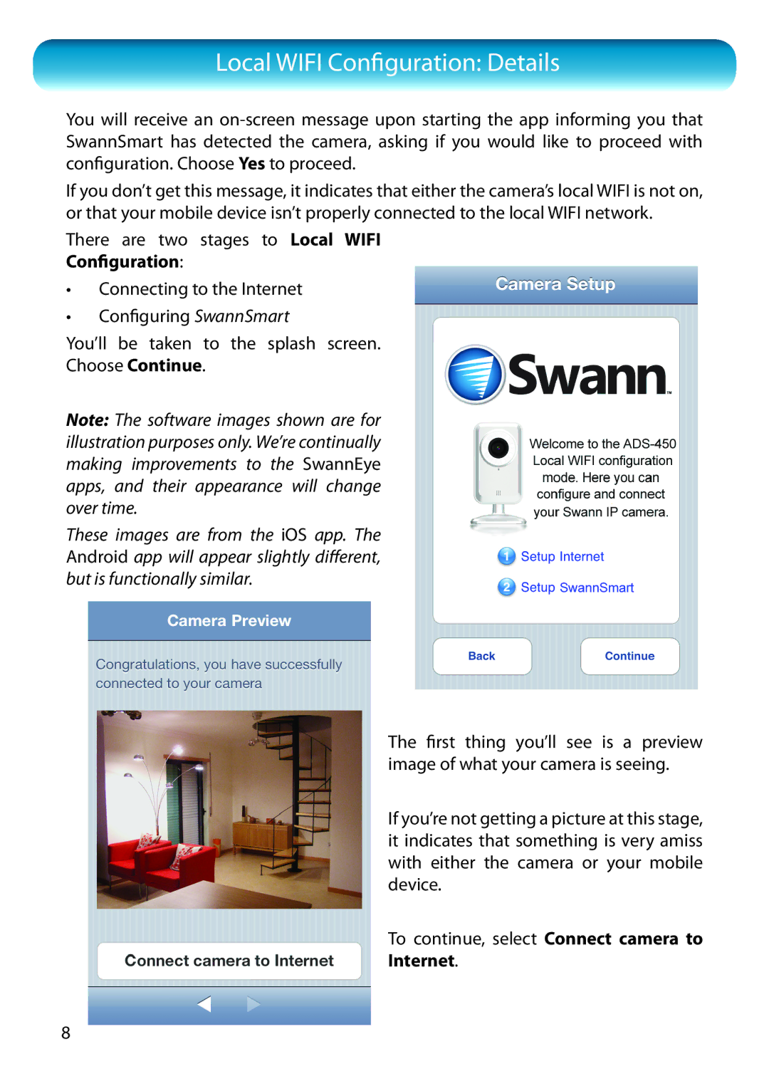 Swann SWADS450IPC manual Local Wifi Configuration Details, Internet 