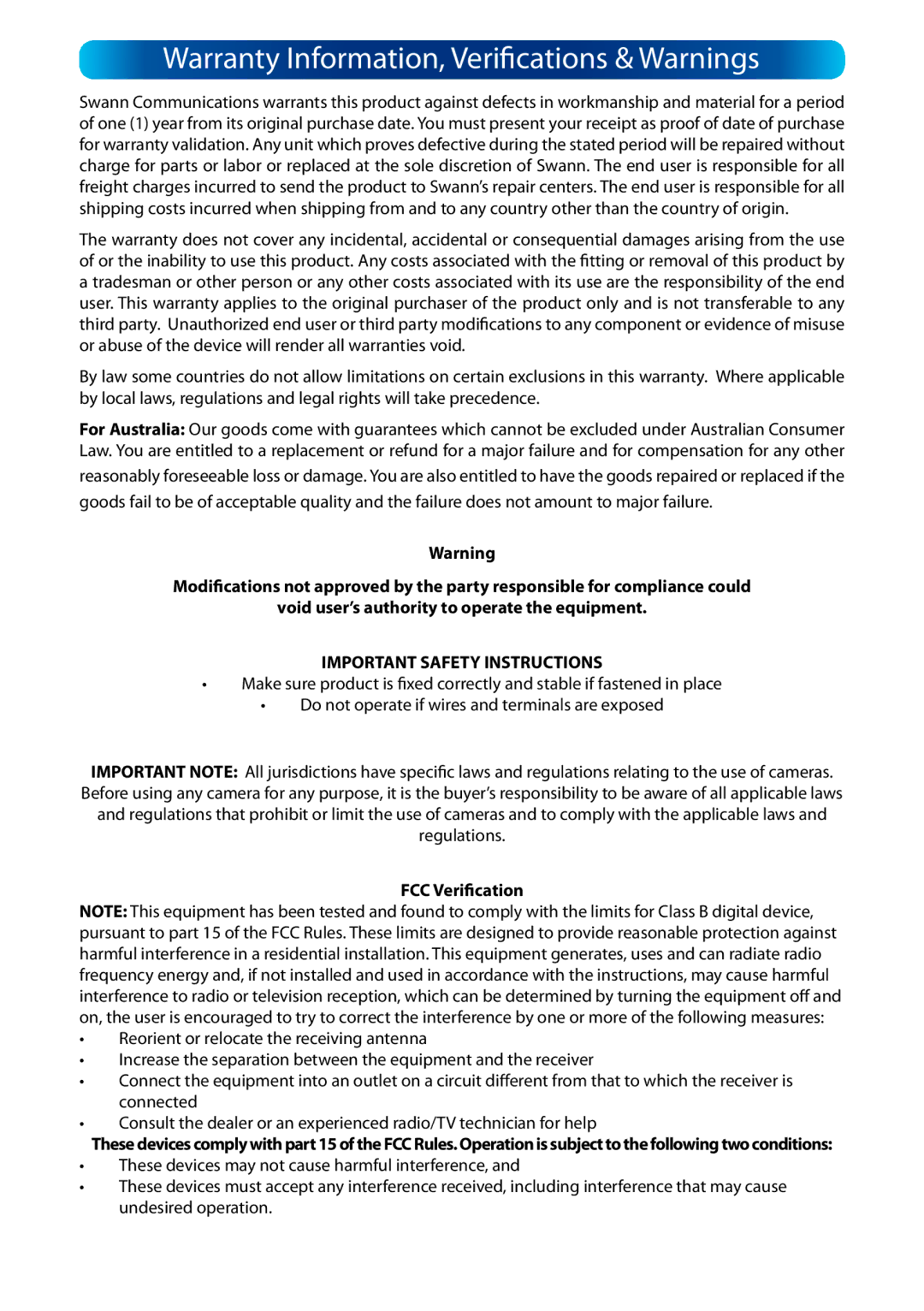 Swann SWPRO752CAM manual Warranty Information, Verifications & Warnings, Important Safety Instructions 