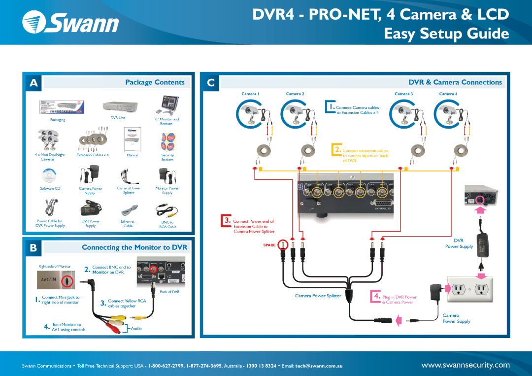 Swann TV Cables setup guide DVR4 PRO-NET, 4 Camera & LCD Easy Setup Guide, DVR & Camera Connections, Monitor on DVR 