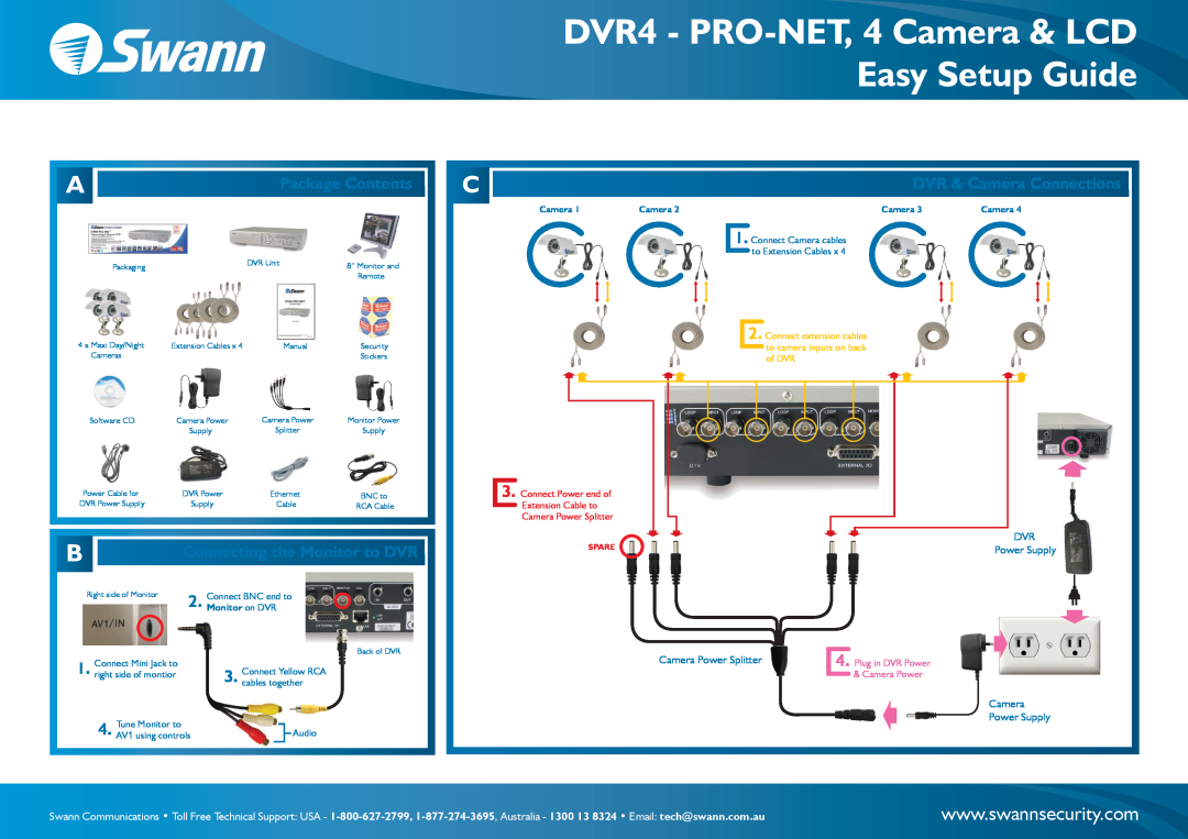 Swann TV Cables setup guide DVR4 - PRO-NET, 4 Camera & LCD Easy Setup Guide, DVR & Camera Connections, Connect BNC end to 