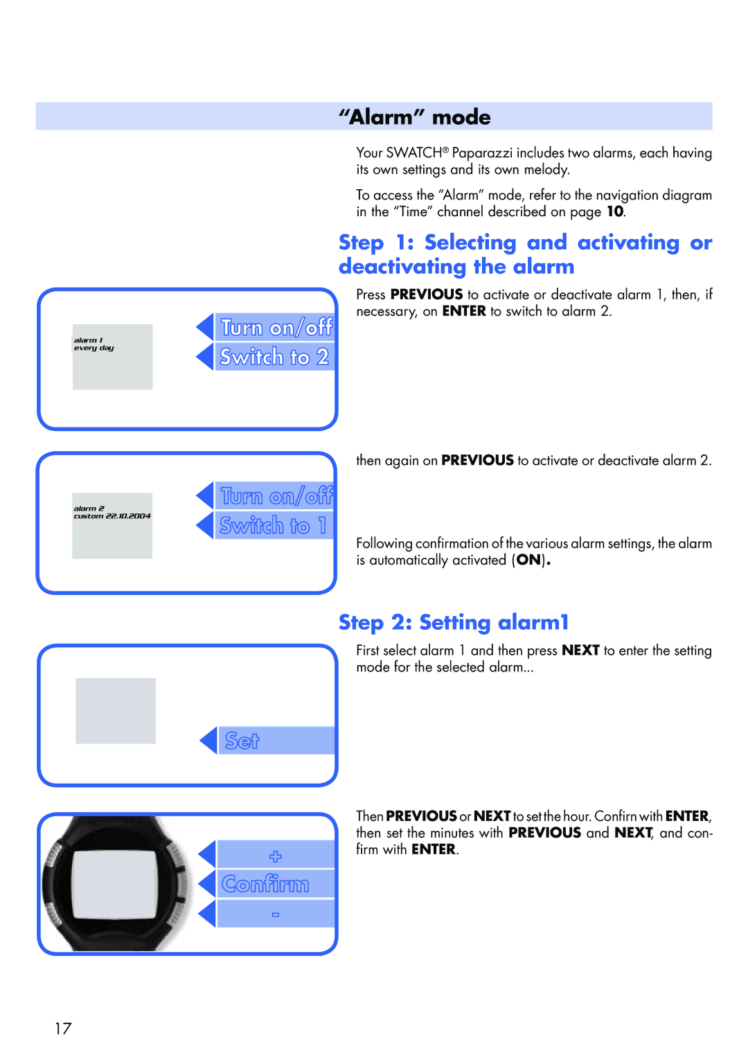 Swatch NONE manual Alarm mode, Selecting and activating or deactivating the alarm, Setting alarm1 