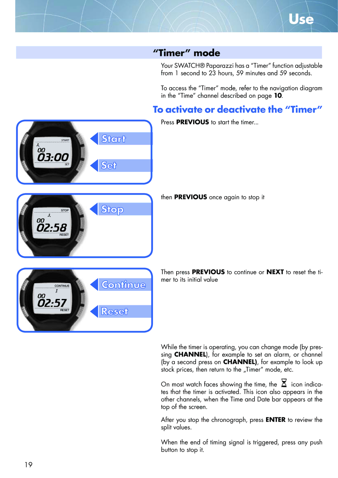 Swatch NONE manual Timer mode, To activate or deactivate the Timer 