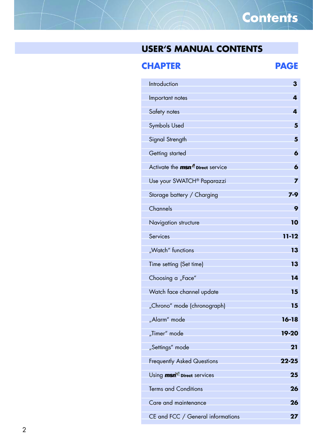 Swatch NONE manual Contents 