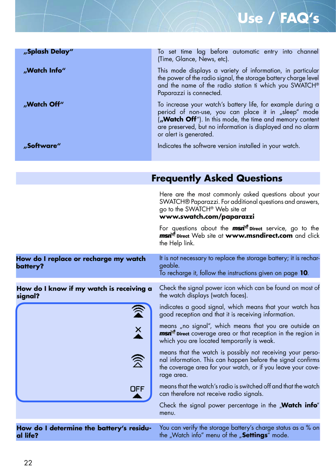 Swatch NONE manual Use / FAQ‘s, Frequently Asked Questions 