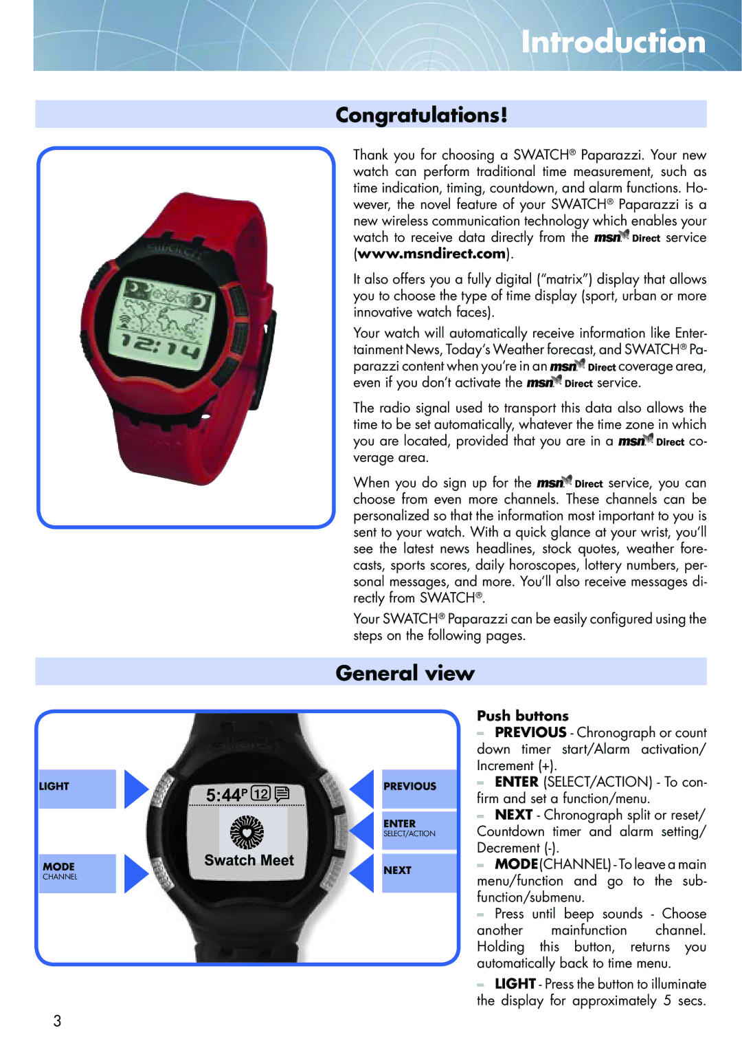 Swatch NONE manual Introduction, Congratulations, General view, Push buttons 