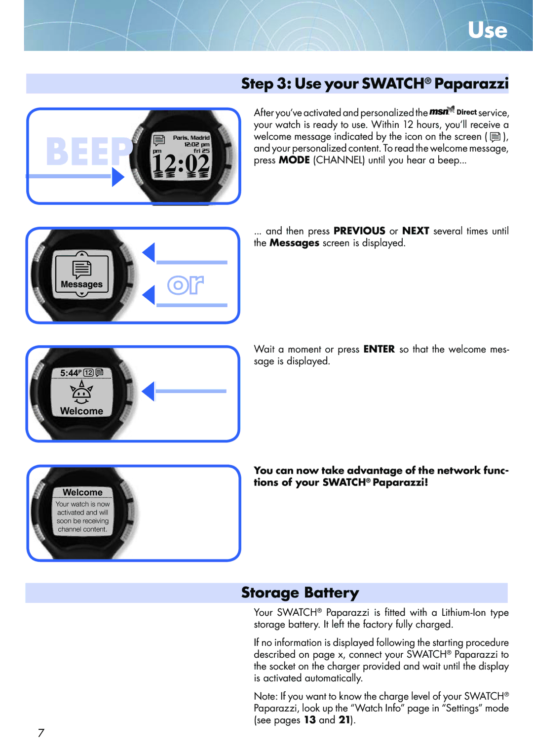 Swatch NONE manual Use your Swatch Paparazzi, Storage Battery 