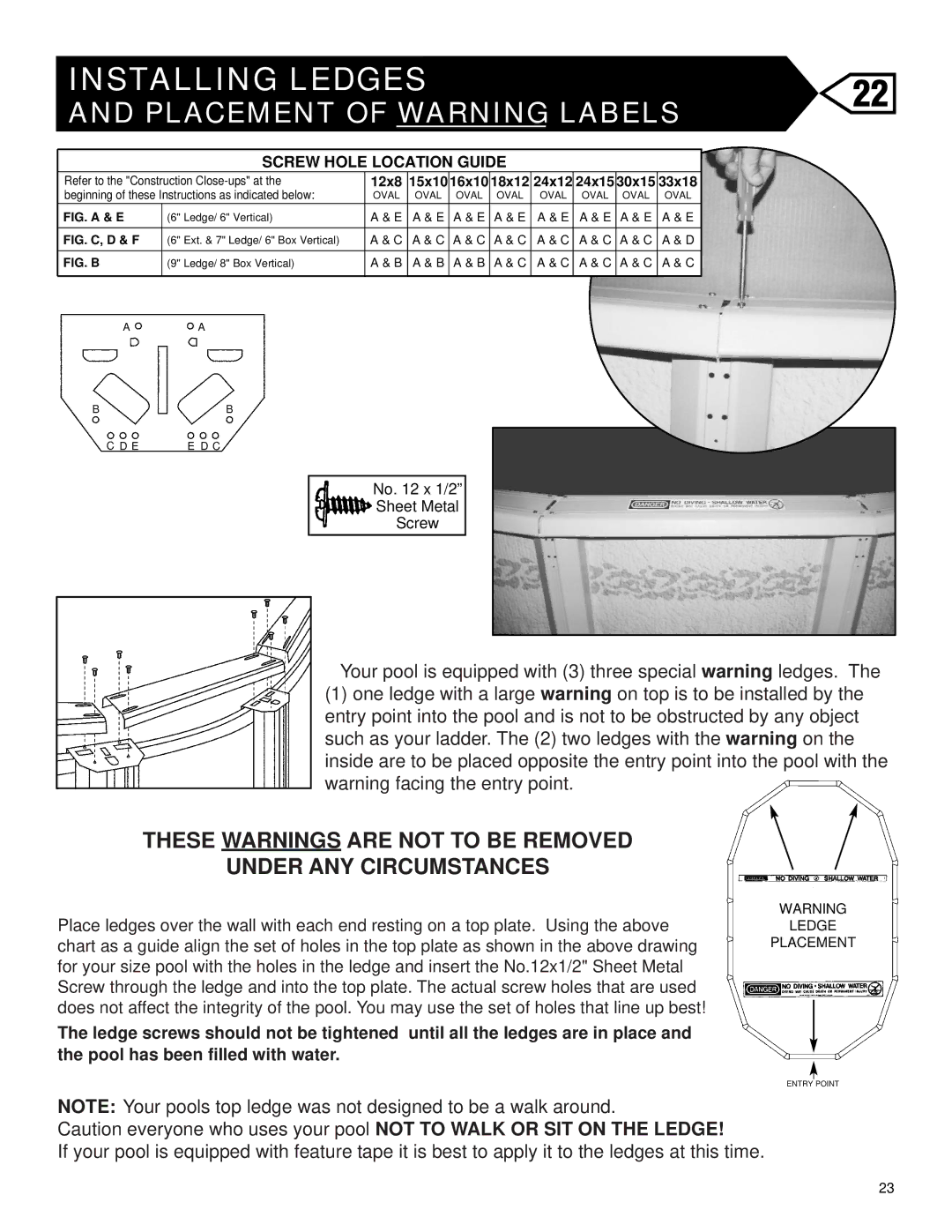 Swim'n Play 420745-15 warranty Installing Ledges, Placement of Warning Labels 