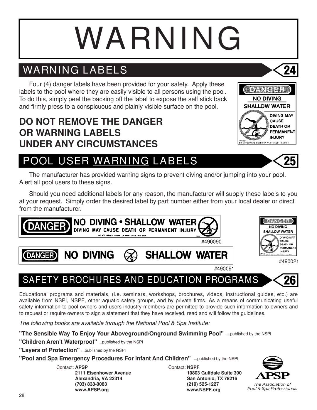 Swim'n Play 420745-15 warranty Pool User Warning Labels, Safety Brochures and Education Programs 