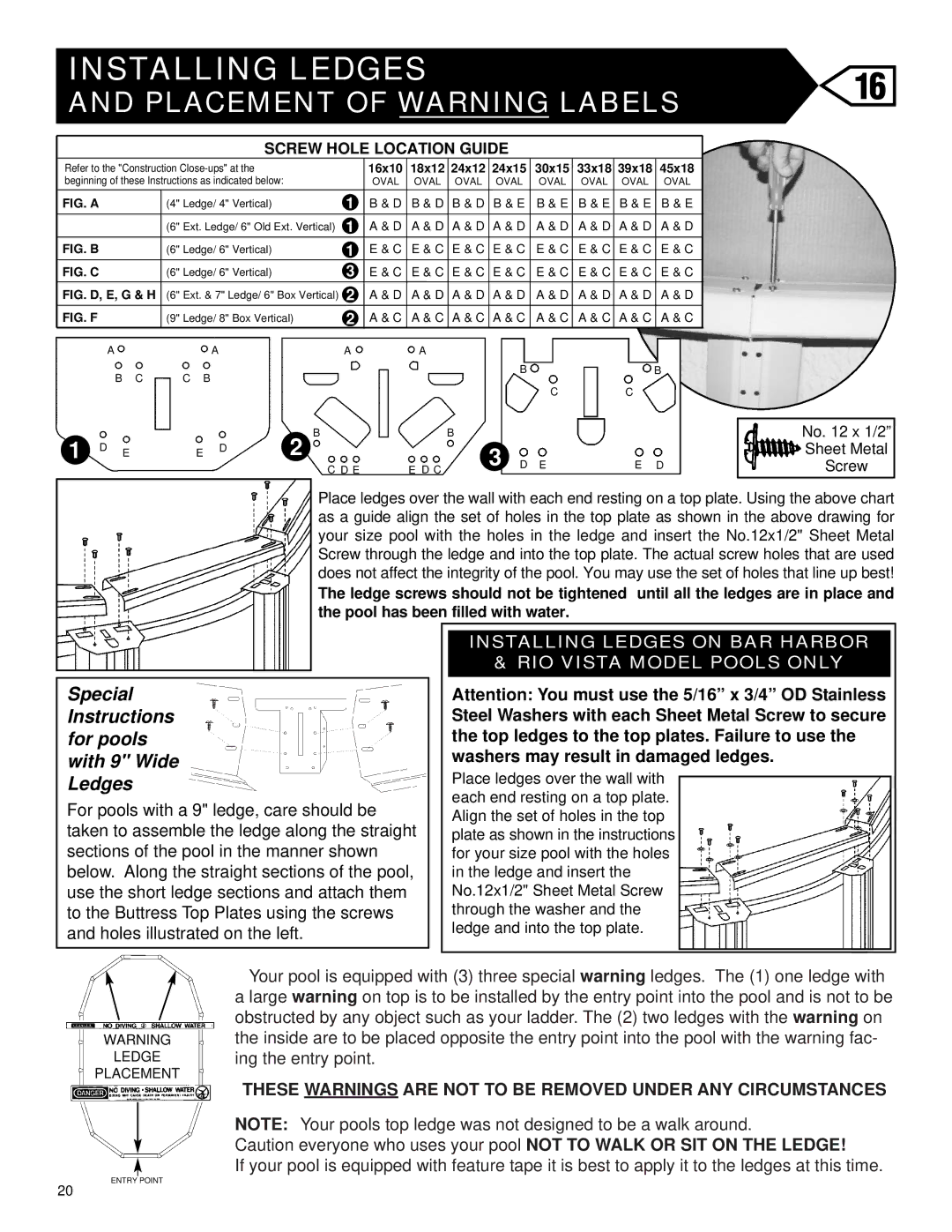 Swim'n Play Above Ground Swimming Pool warranty Installing Ledges, Placement of Warning Labels 