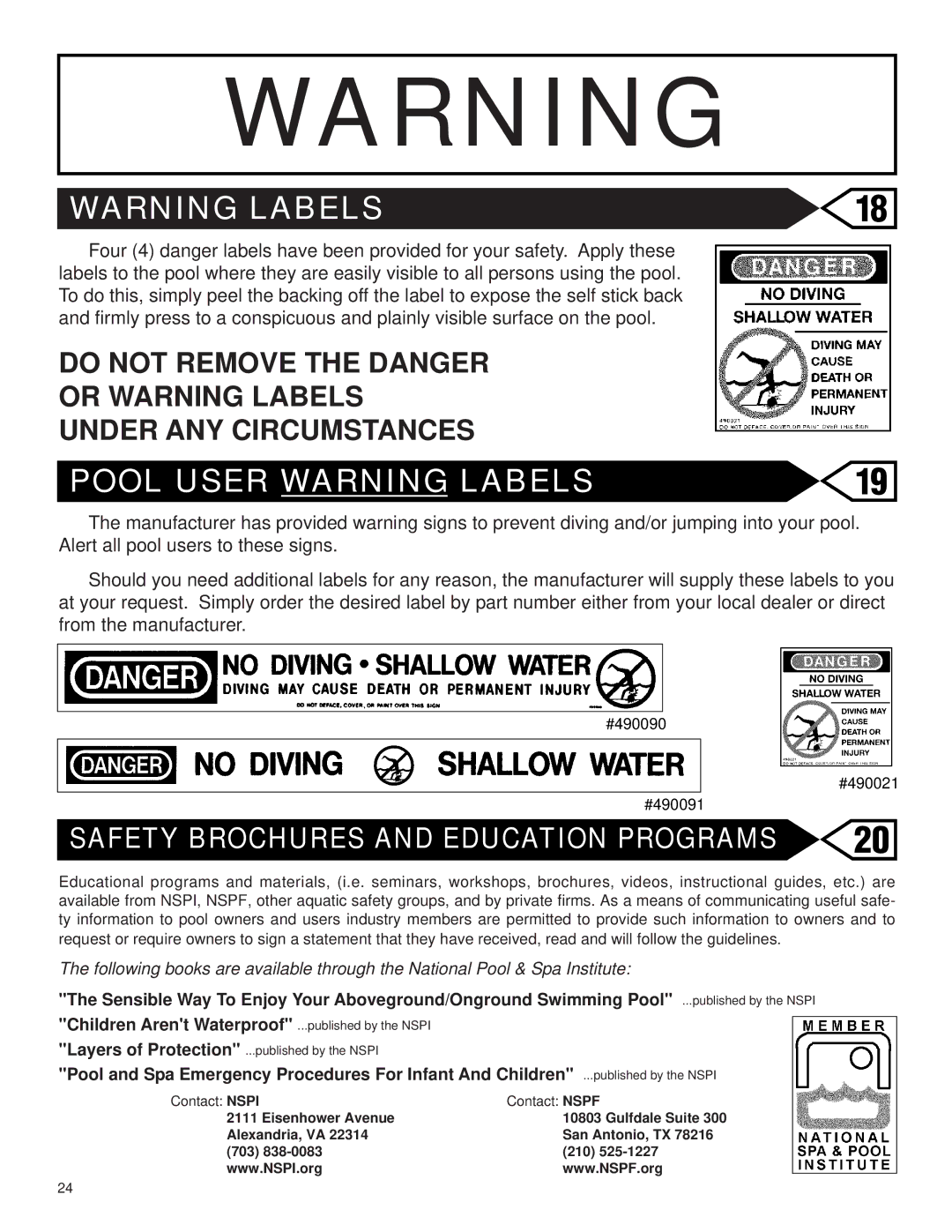 Swim'n Play Above Ground Swimming Pool warranty Pool User Warning Labels, Safety Brochures and Education Programs 