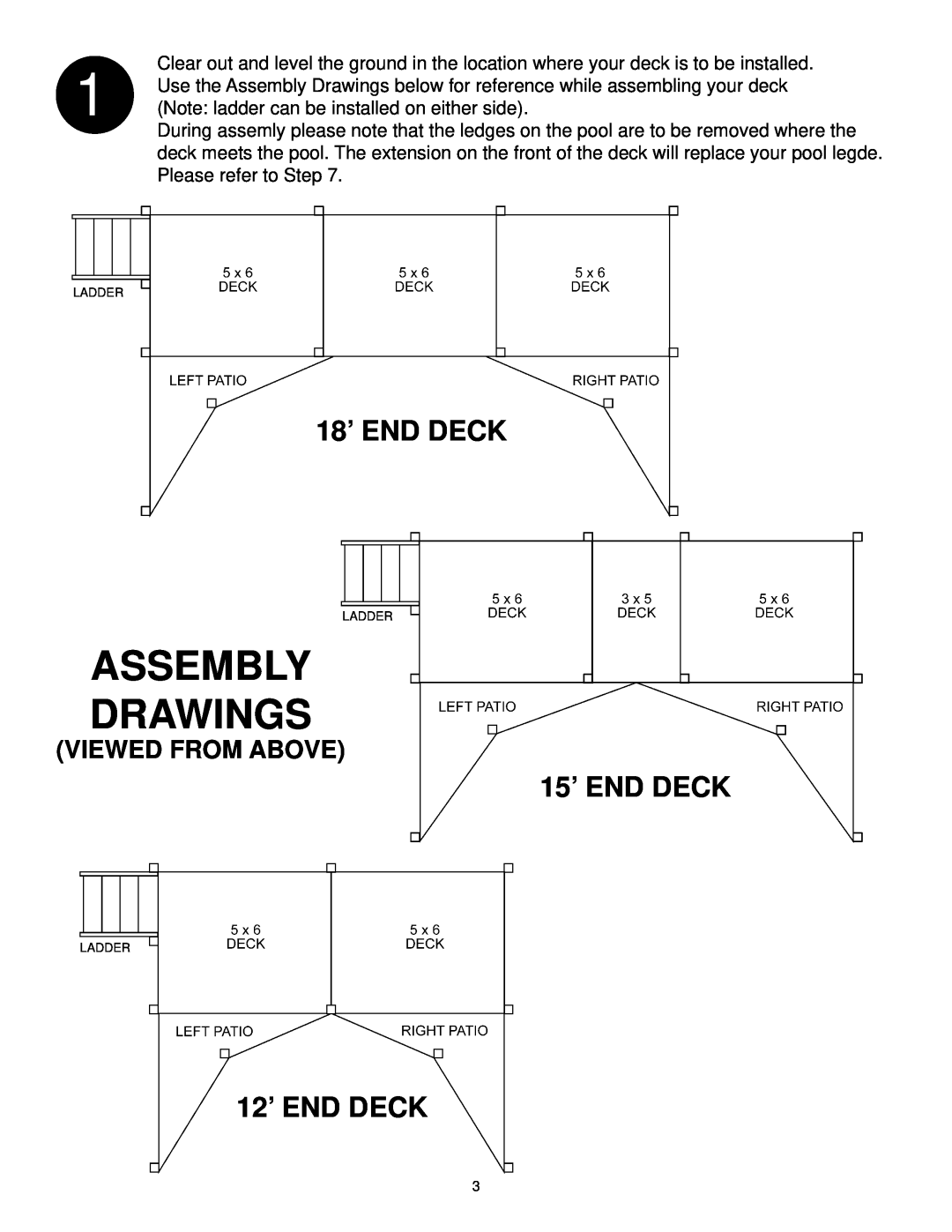 Swim'n Play end deck manual 18’ END DECK, 15’ END DECK, 12’ END DECK, Viewed From Above, Assembly Drawings 